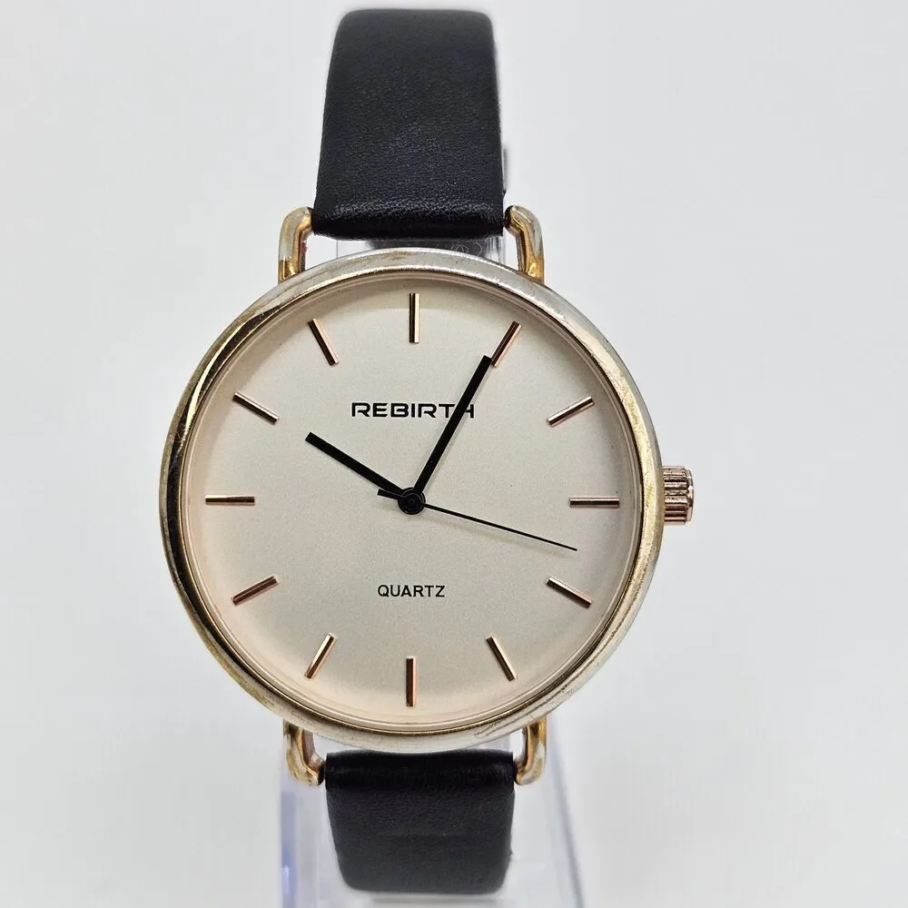 Rebirth Women's‎ Watch 41MM Gold Dial Black Leather Bands New Battery